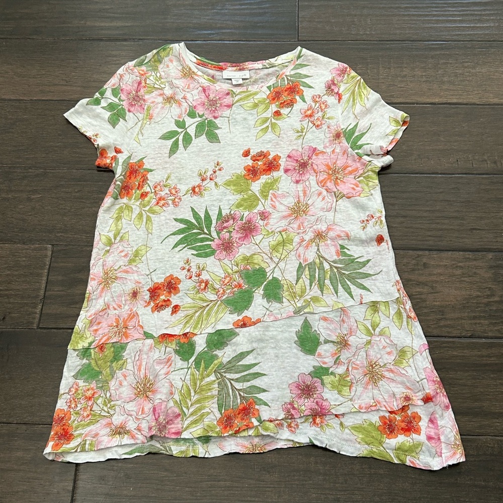 J Jill Love Linen Shirt Womens XS  Crew Neck White Floral Foliage Crossover Hems